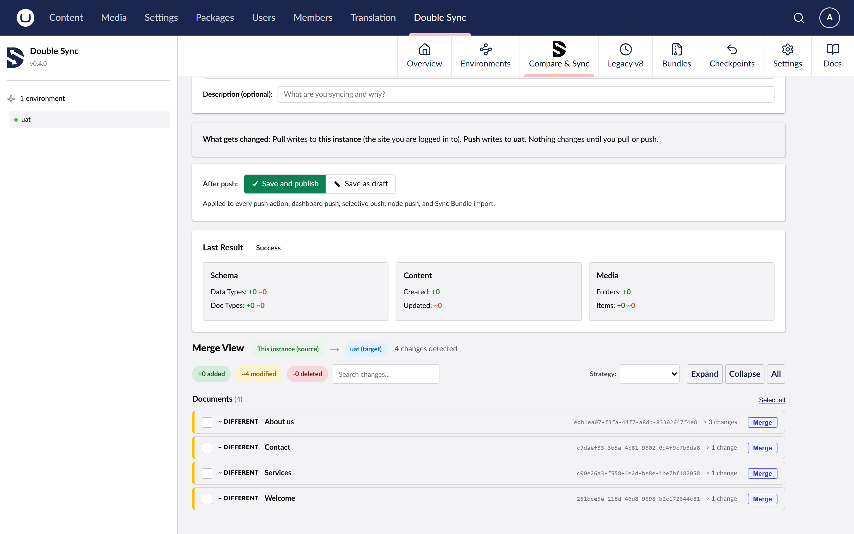 The Compare and Sync view with the list of differences