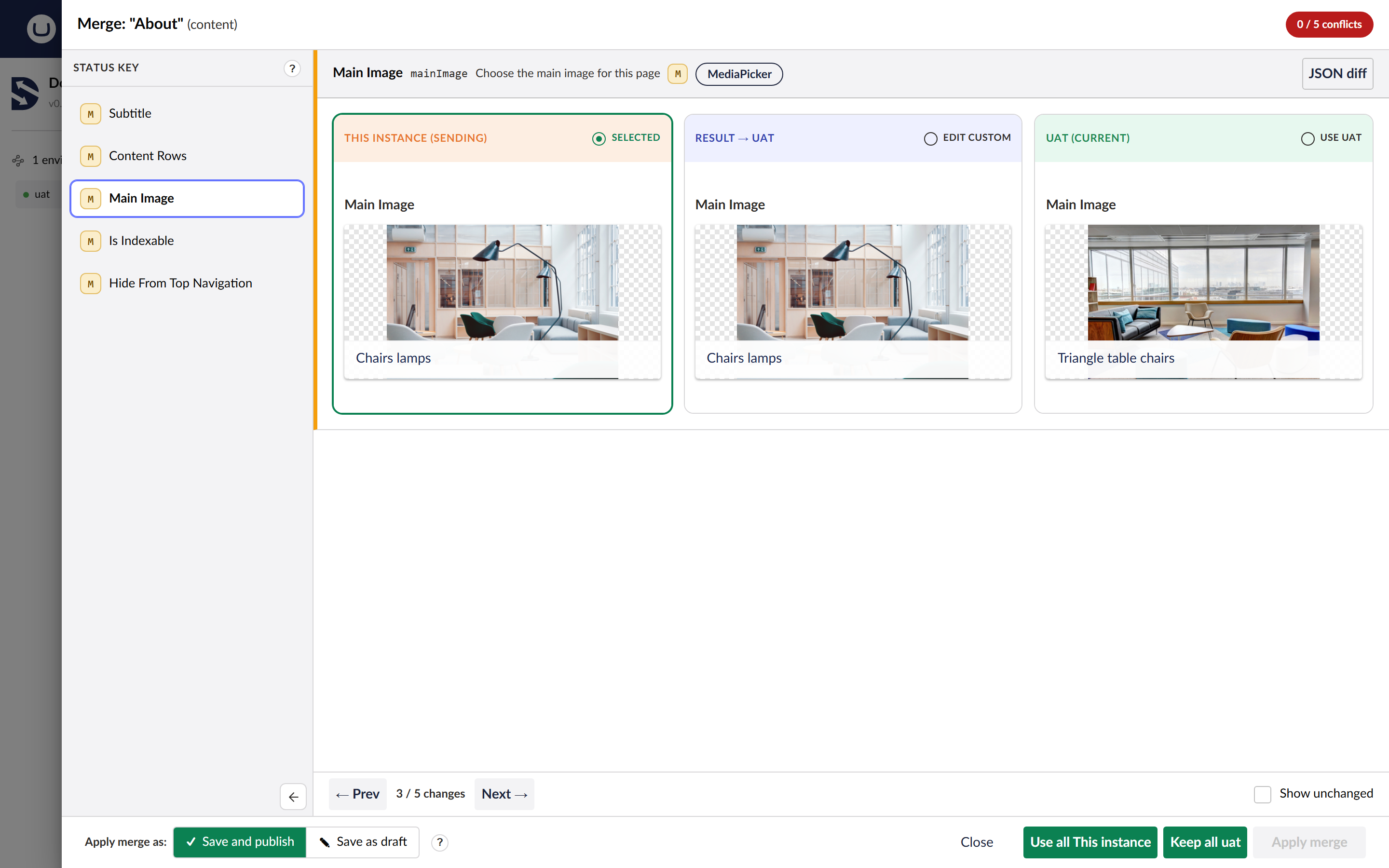 The merge editor showing a media picker with the picture from each side