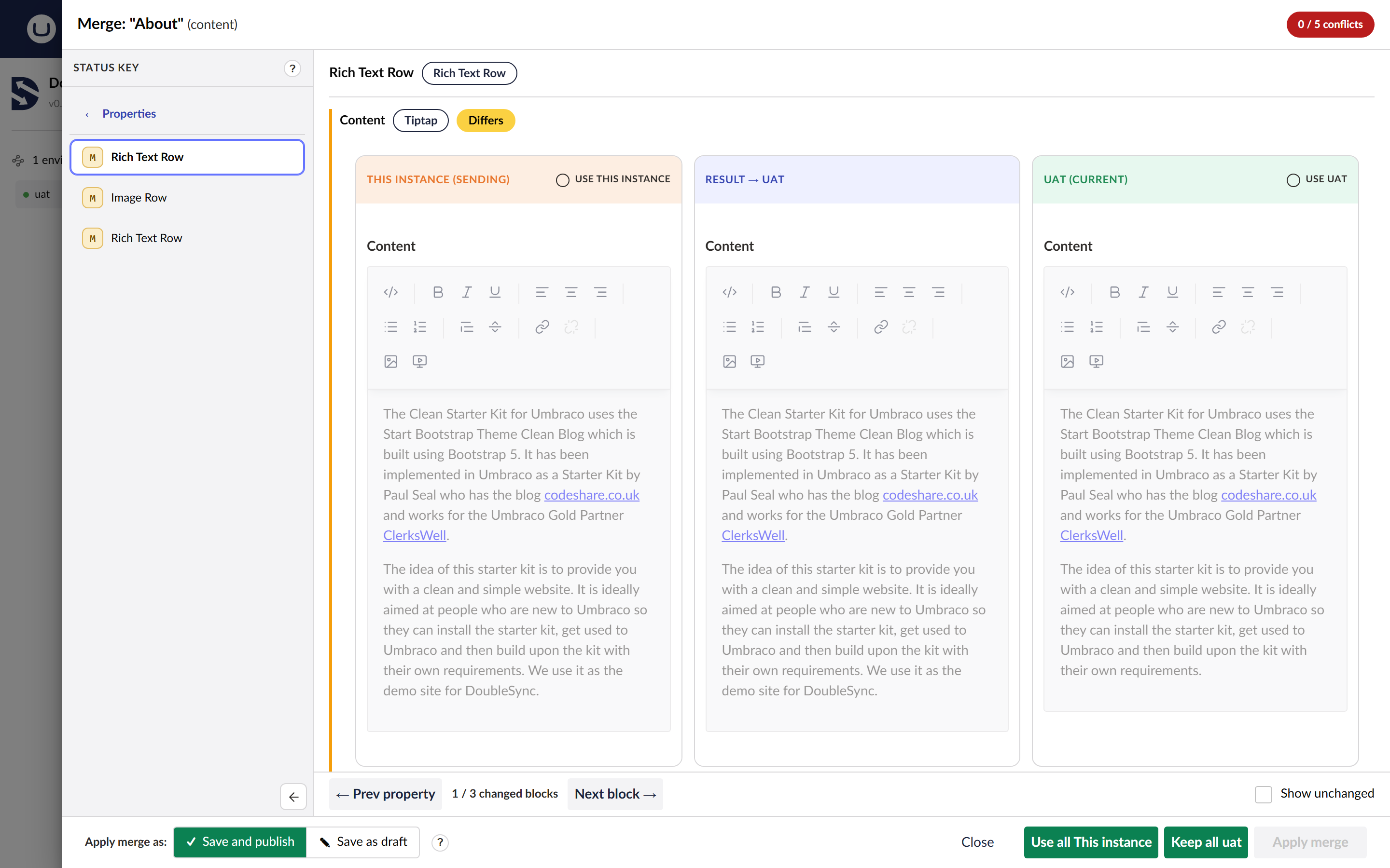 The merge editor showing a rich text property in three rich text editors