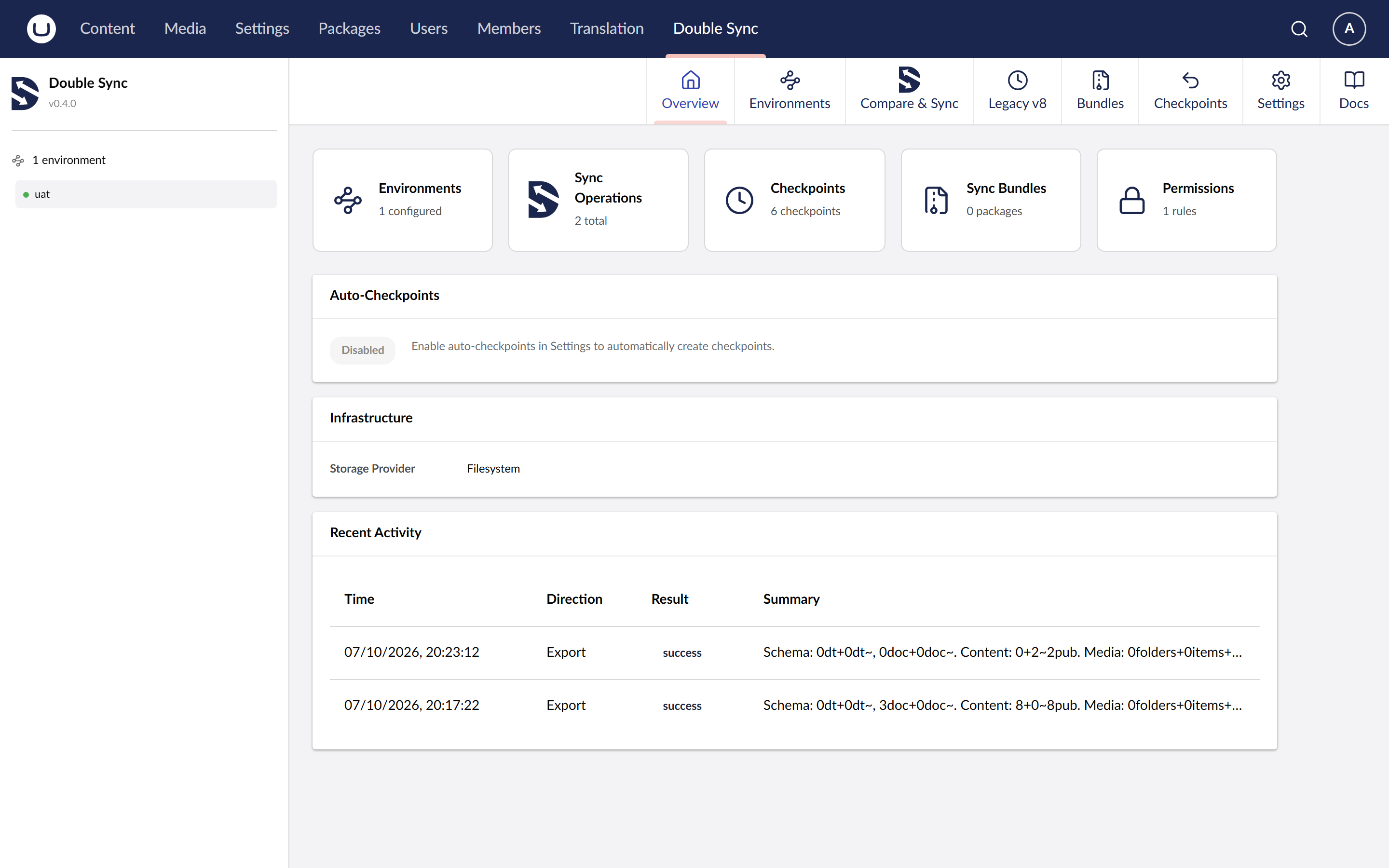 The DoubleSync Overview after installing the package