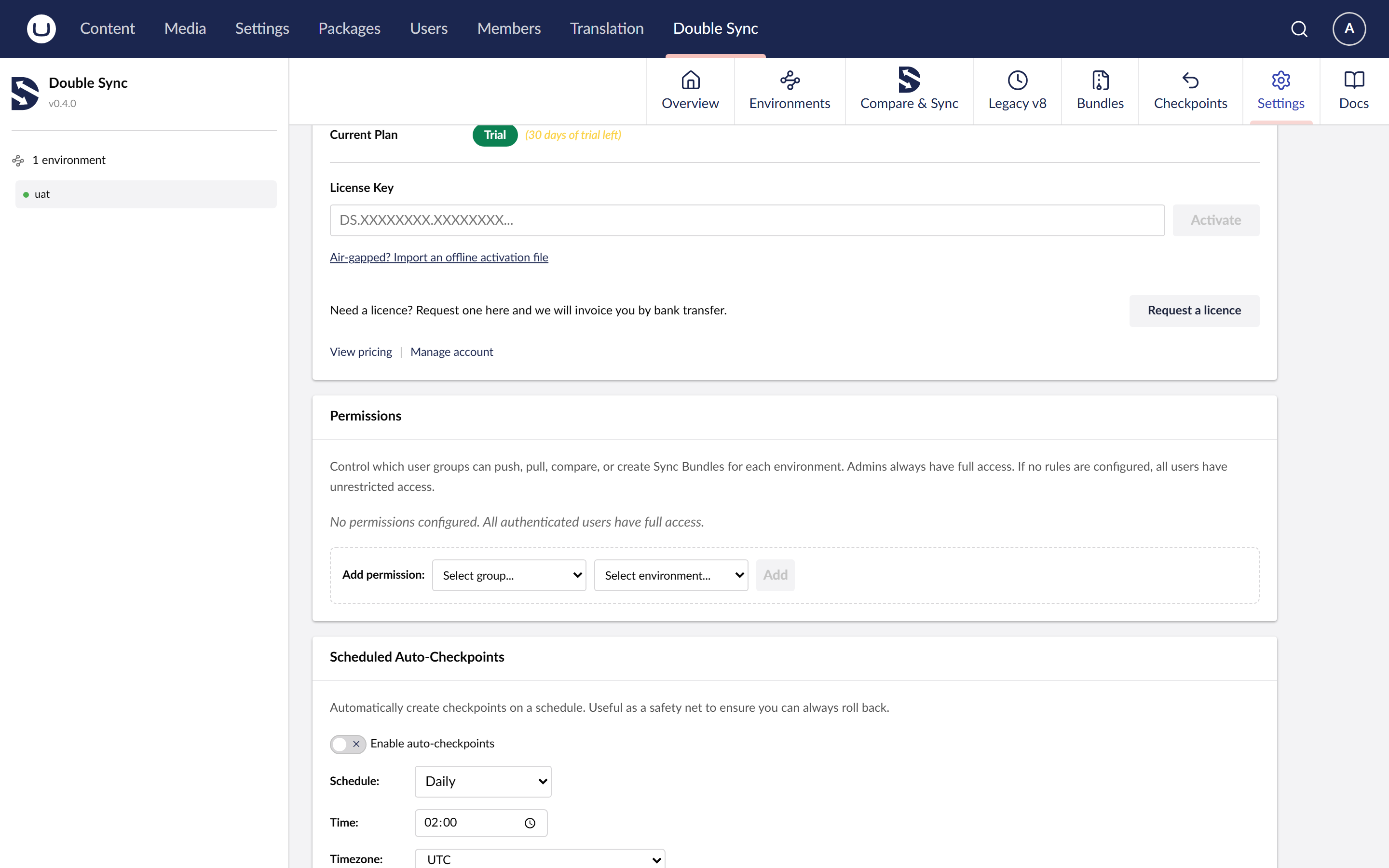 The licence section of the DoubleSync settings