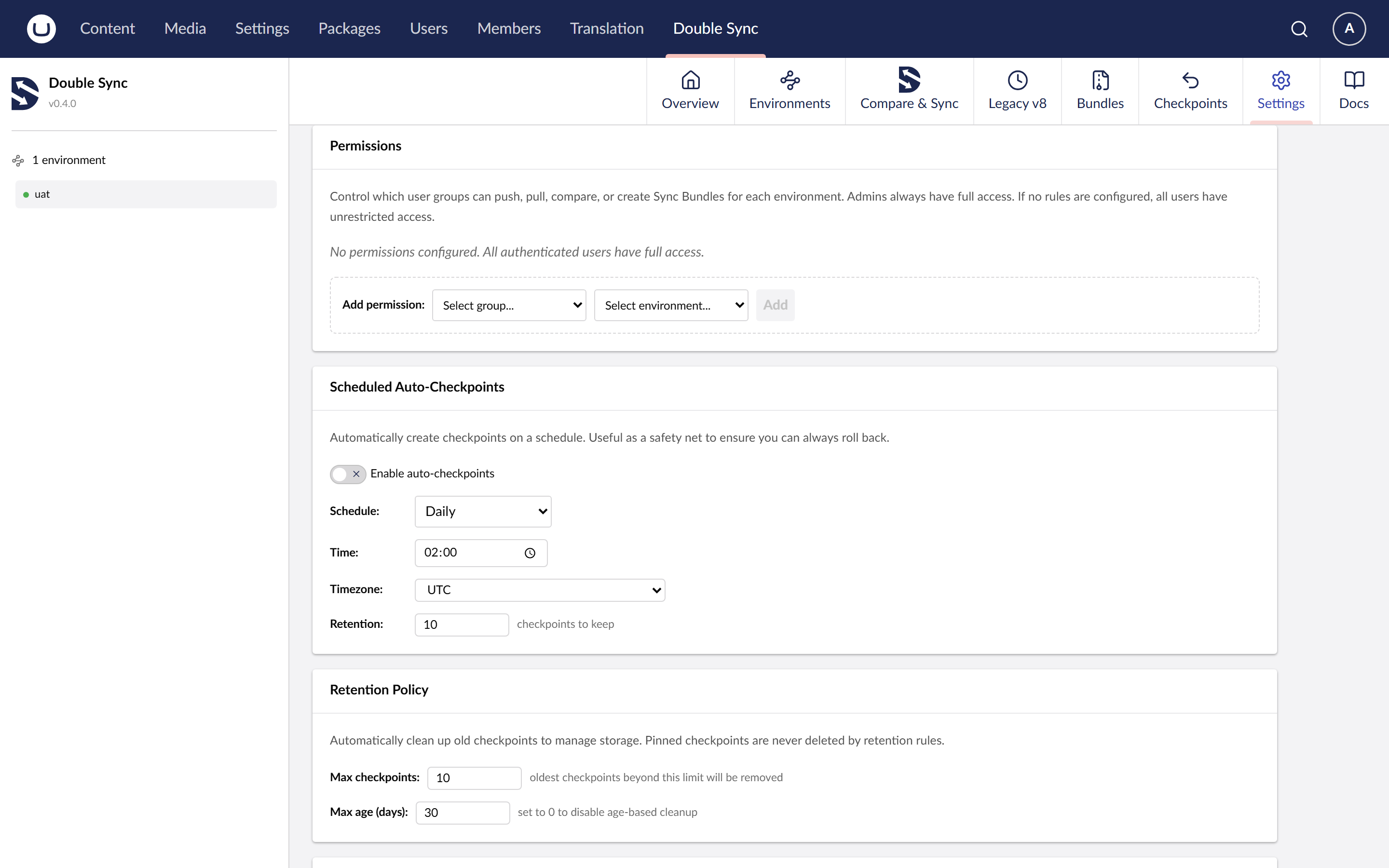 The Permissions section of the settings
