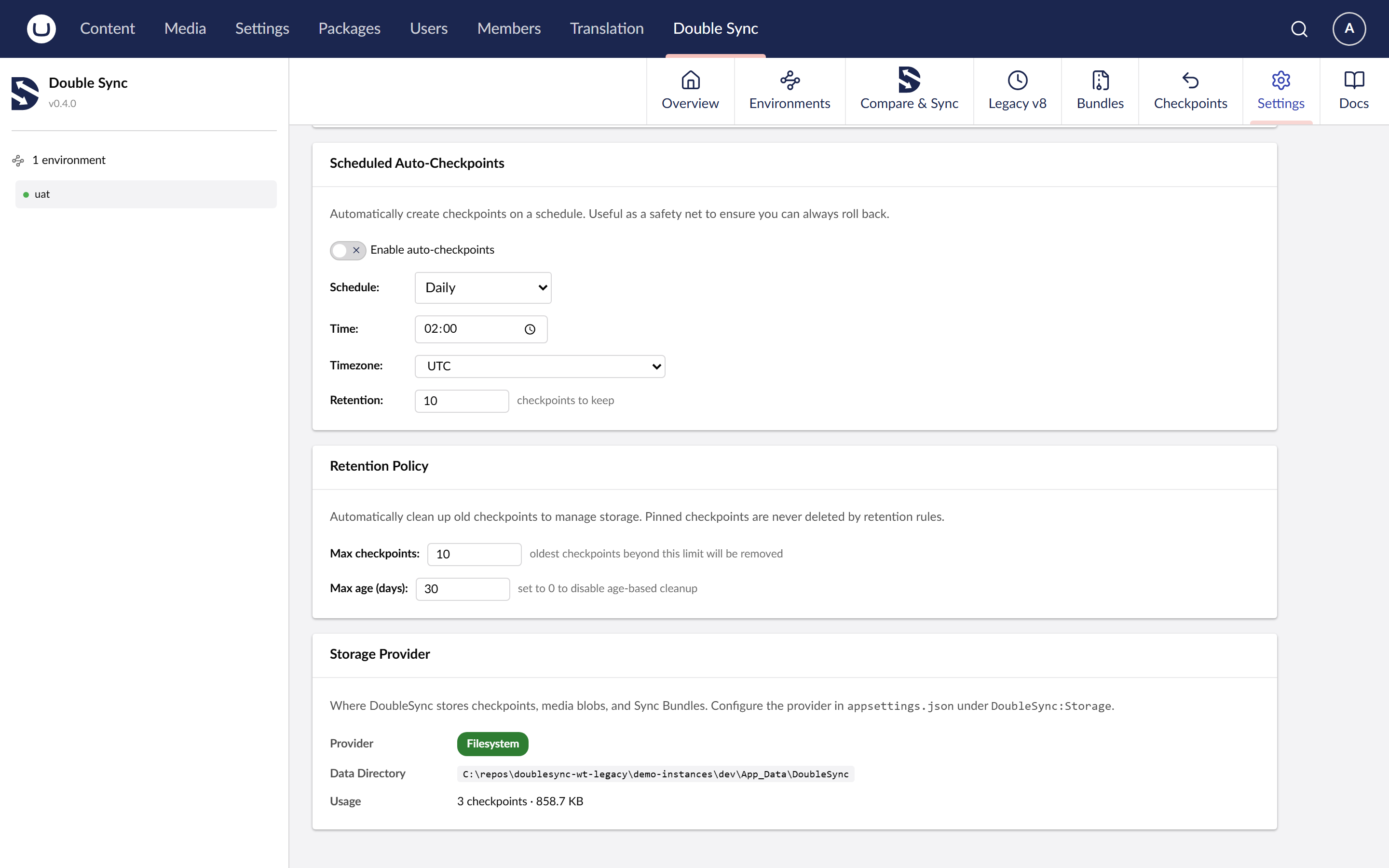 The storage provider section of the settings